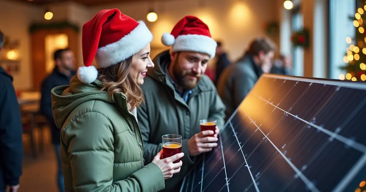 enerix Weihnachstfeier - ein Berater erklärt einer Frau ein Solarmodul und trinken Glühwein dabei