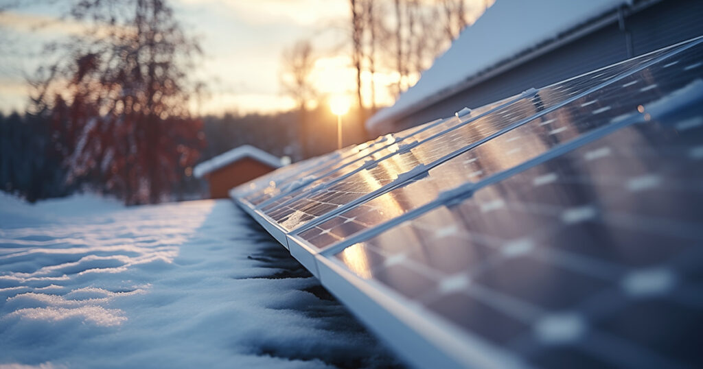 Solarpaneele auf einem schneebedeckten Dach bei Sonnenuntergang, die zeigen, dass Photovoltaikanlagen auch im Winter effizient arbeiten können.