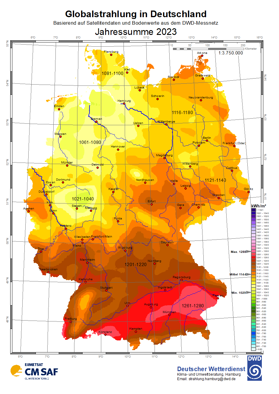 Karte der Globalstrahlung in Deutschland vom Deutschen Wetterdienst