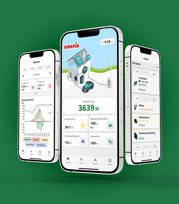 Drei Smartphones stellen verschieden Funktionen der Energiemanager-App "enerixControl" dar.